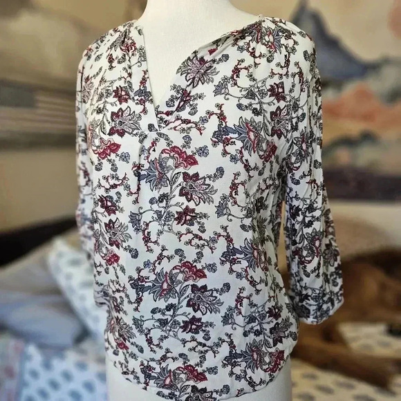 Rose & Thyme Linen Peasant Blouse S | Boho White Floral Long Sleeve Top - Picture 3 of 10